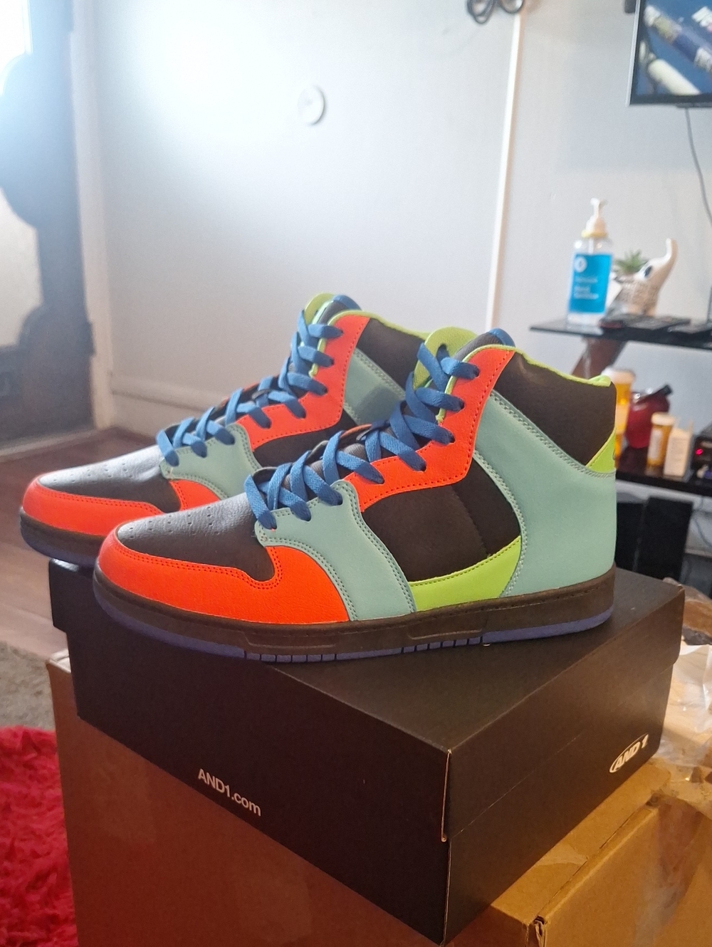 Men's High-Top Sneakers in Neon Orange, Aqua & Lime